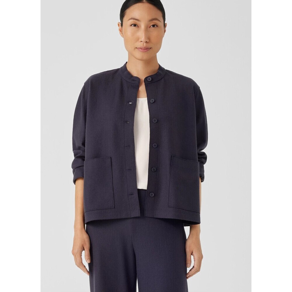 Eileen Fisher Boiled Wool Jersey Mandarin Collar Shirt Jacket in Nocturne Medium